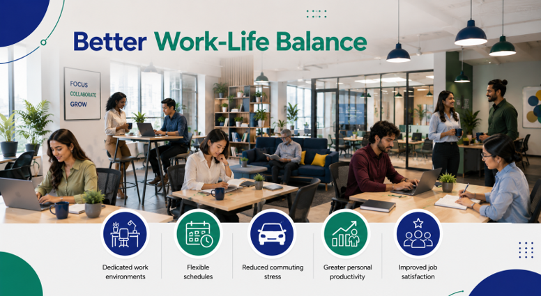 Professionals enjoying a balanced workday in a modern coworking space with flexible schedules, focused work zones, collaborative areas, and productivity-enhancing amenities.
