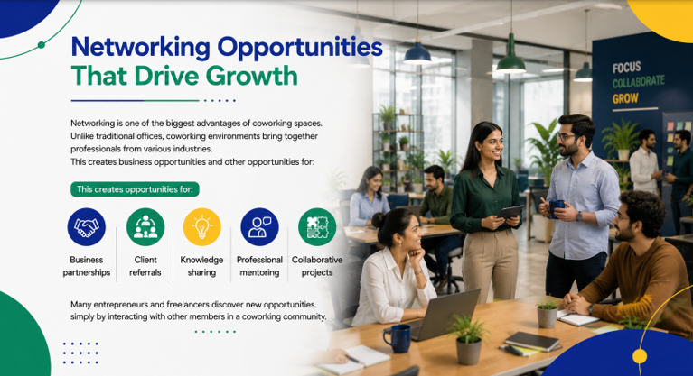 Professionals networking and exchanging ideas in a collaborative coworking space, fostering business partnerships, knowledge sharing, mentoring, and growth opportunities.