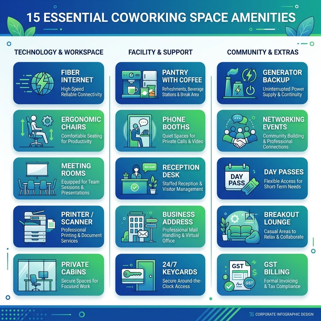 Modern coworking space infographic with 15 essential amenities in a clean blue and green office-themed design.