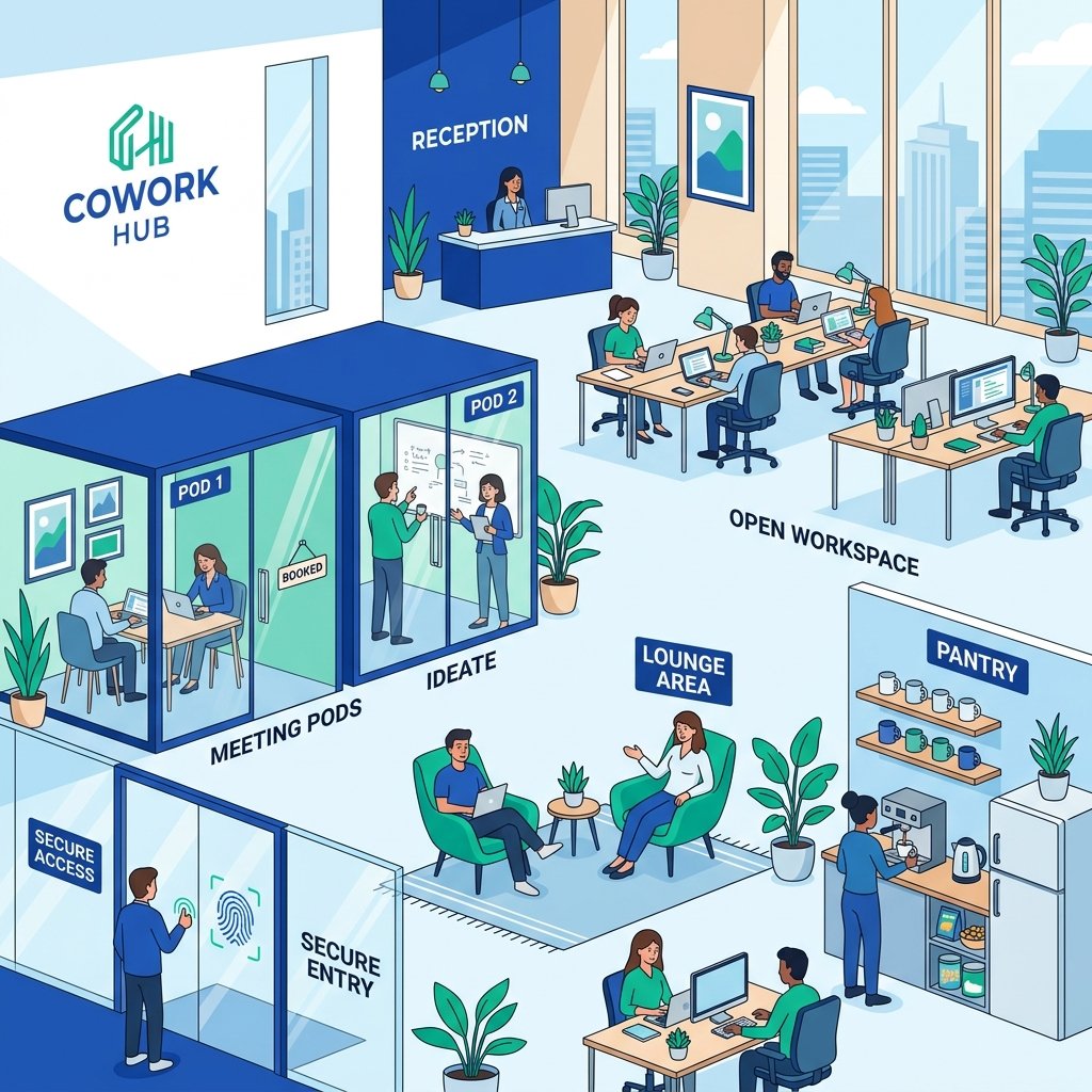 Modern coworking office illustration with workspace amenities icons, meeting pods, lounge seating, pantry area, and secure 24/7 access in a blue and green themed design.