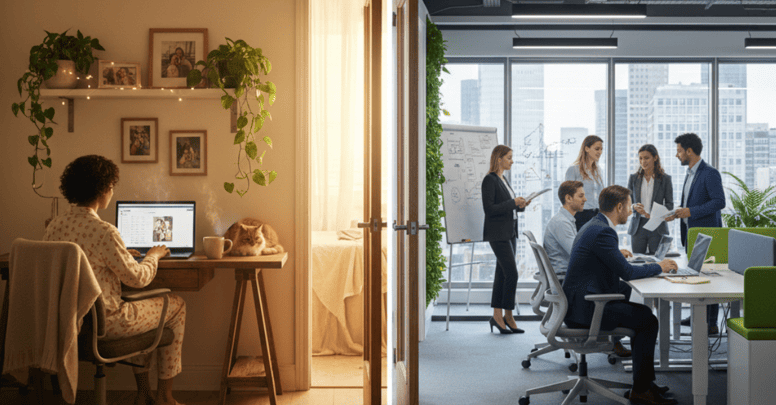 Comparison between home office and shared workspace