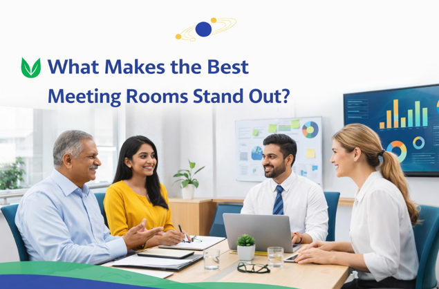 Modern professional meeting room in Trichy with business team discussing strategy using presentation screen and laptop