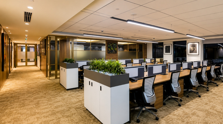 Modern coworking office with open workstations, ergonomic chairs, and a professional workspace layout.