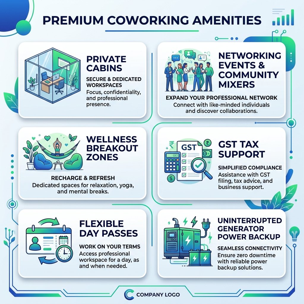 Modern coworking office infographic featuring premium amenities like private cabins, networking events, wellness zones, GST support, flexible access, and power backup in a blue and green themed workspace.