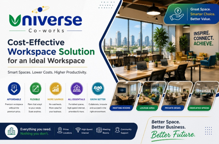 Universe Co-works advertisement showcasing a modern, affordable coworking space with meeting rooms, private desks, lounge areas, and business-friendly amenities.