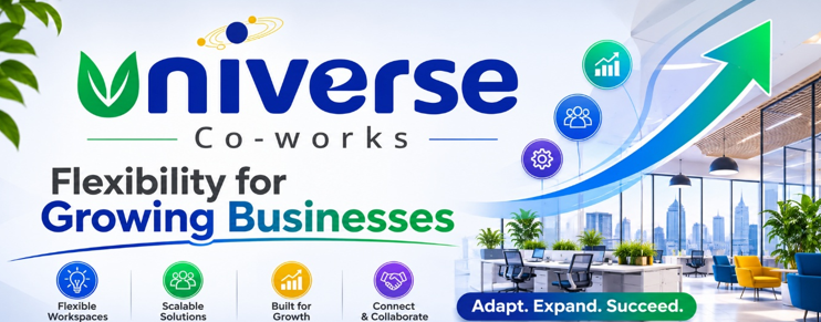Universe Co-works advertisement showing a modern coworking office and promoting flexible workspace solutions for growing businesses.
