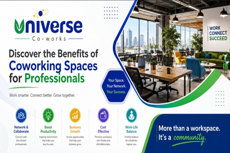 Universe Co-works advertisement showcasing a modern coworking office and the benefits of flexible, collaborative workspaces for professionals.