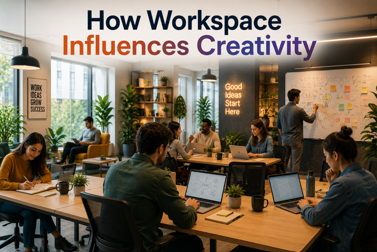 How Workspace Influences Creativity - showing modern coworking space with creative professionals collaborating and sharing ideas